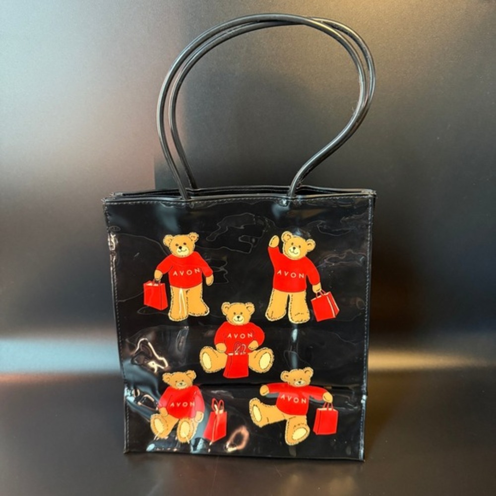 Avon Teddy Bear Graphic Black PVC Vinyl Tote Bag‎ Small Handbag